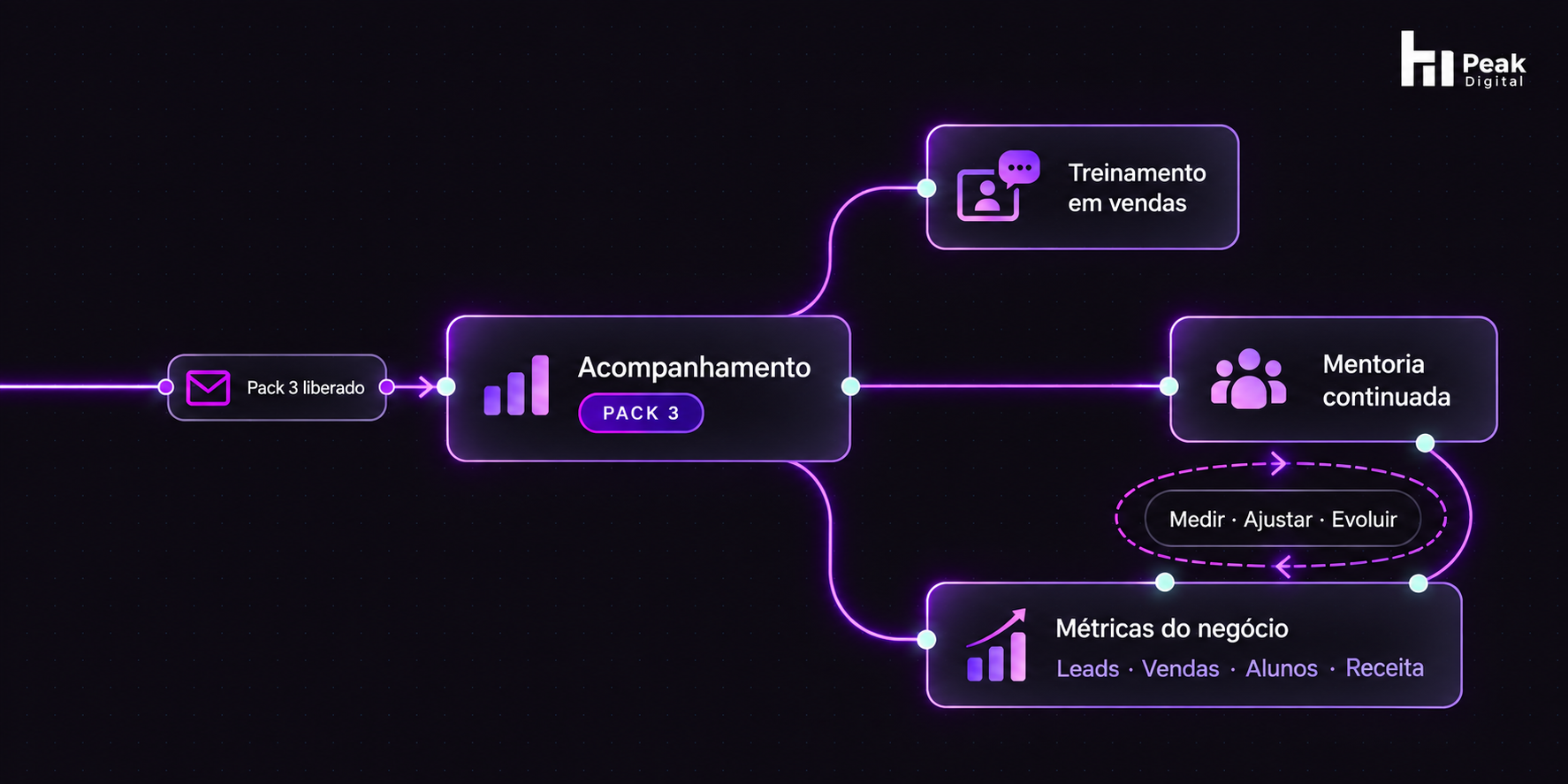 Pack 3 liberado: acompanhamento, treinamento, mentoria continuada e métricas de leads, vendas, alunos e receita. Medir, ajustar e evoluir.